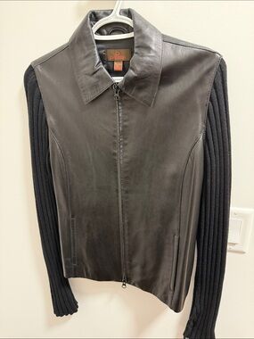 Danier Black Leather Jacket with Ribbed Knit Sleeves